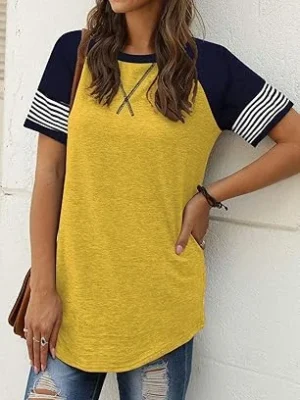 Adibosy Women Summer Casual Shirts: Short Sleeve Striped Tunic Tops Womens Crew Neck Tee Tshirt Blouses