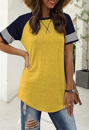 001-2.webp Adibosy Women Summer Casual Shirts: Short Sleeve Striped Tunic Tops Womens Crew Neck Tee Tshirt Blouses
