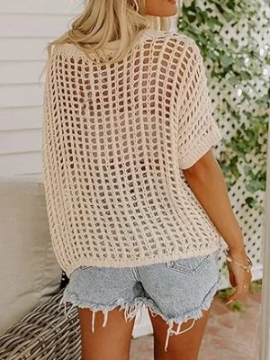Dokotoo Womens Summer Scoop Neck Short Sleeve Sweater Casual Crochet Hollow Out Knit Tops Pullover Shirts Beach Coverup