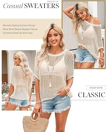 0010-3.webp Dokotoo Womens Summer Scoop Neck Short Sleeve Sweater Casual Crochet Hollow Out Knit Tops Pullover Shirts Beach Coverup