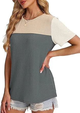 WIHOLL Womens Fashion 2025 Color Block Shirts Short Sleeve Crewneck Knitted Spring Summer Tops Casual Trendy