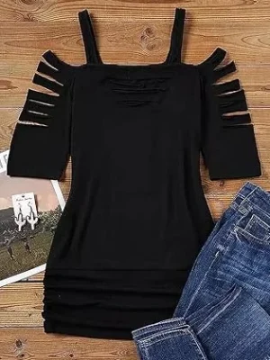 01.webp Cut Out Cold Shoulder Square Collar Shirt Women Lacerated 34 Sleeve Blouse Cut Out Sexy Hollow Out Casual Tee Tops