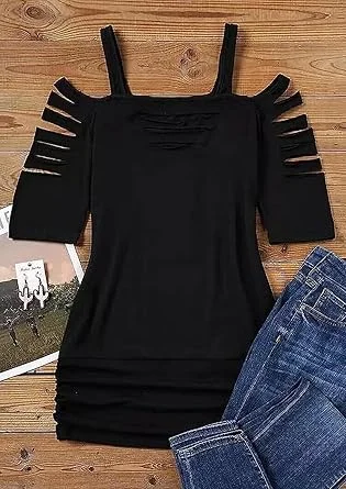 01.webp Cut Out Cold Shoulder Square Collar Shirt Women Lacerated 34 Sleeve Blouse Cut Out Sexy Hollow Out Casual Tee Tops