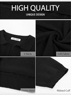 02-1.webp Kate Kasin Women Short Sleeve Polo Sweater V Neck Knitted Tops Casual Ribbed Shirt Loose Pullover Sweater