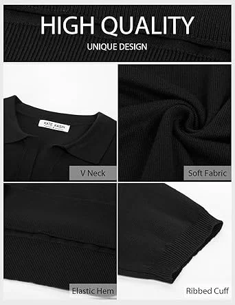02-1.webp Kate Kasin Women Short Sleeve Polo Sweater V Neck Knitted Tops Casual Ribbed Shirt Loose Pullover Sweater