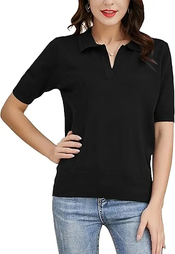 02-2.webp Kate Kasin Women Short Sleeve Polo Sweater V Neck Knitted Tops Casual Ribbed Shirt Loose Pullover Sweater