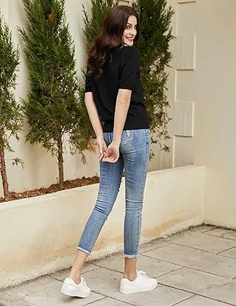 02-3.webp Kate Kasin Women Short Sleeve Polo Sweater V Neck Knitted Tops Casual Ribbed Shirt Loose Pullover Sweater