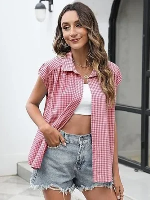 03-1、.webp LOMON Womens Button Down Shirts Short Cap Sleeve Summer Cotton V Neck Collared Stripes Blouses Casual Plaid Tops