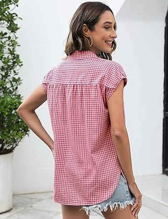 03-2.webp LOMON Womens Button Down Shirts Short Cap Sleeve Summer Cotton V Neck Collared Stripes Blouses Casual Plaid Tops