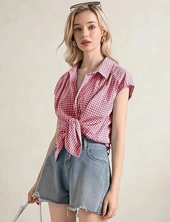03-3.webp LOMON Womens Button Down Shirts Short Cap Sleeve Summer Cotton V Neck Collared Stripes Blouses Casual Plaid Tops