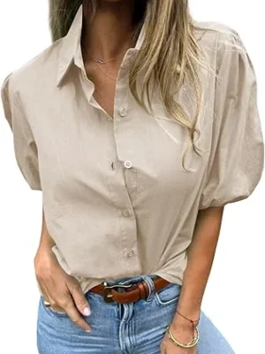 05-1.webp Tankaneo Women Button Down Shirts Short Puff Sleeve Collared Dressy Casual Blouse Tops
