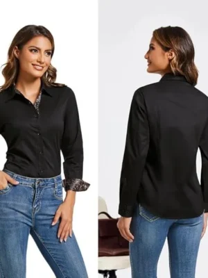 06-1.webp WARHORSEE Womens Cotton Button Down Dress Shirt Long Sleeve Easy Care Dressy Work Tops Business Casual Blouses for Women