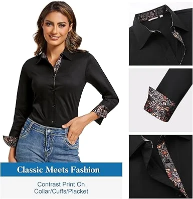 06-2.webp WARHORSEE Womens Cotton Button Down Dress Shirt Long Sleeve Easy Care Dressy Work Tops Business Casual Blouses for Women