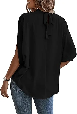 Verdusa Women Tie Back Dolman Sleeve Blouse Top Casual Dressy Mock Neck Going Out Tops