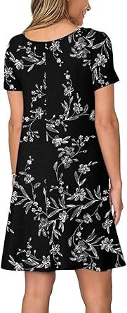 Women Casual Short Sleeve Crew Neck T Shirt Dresses Loose Swing with Pockets