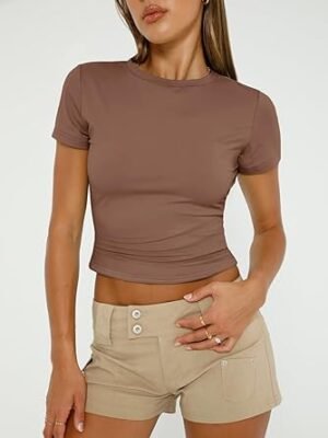 61t9vIYe1FL._AC_SY445_.jpg Womens 3 Piece Short Sleeve Shirts Basic Going Out Slim Fitted Crop Tops