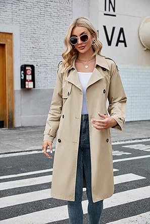 7119Go8wniL._AC_SY445_.jpg Women Double Breasted Long Windproof Classic Lapel Slim with Belt