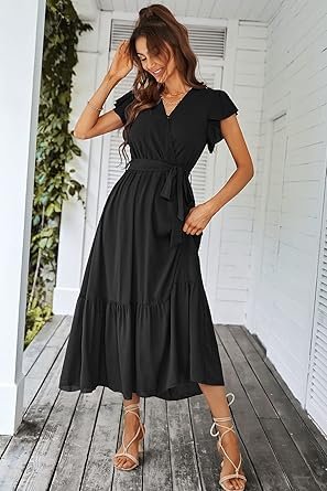 719u9hfbmIL._AC_SY445_.jpg Women Dress Wrap Short Sleeve V Neck Ruffle ALine Flowy Wedding Guest Long Dresses