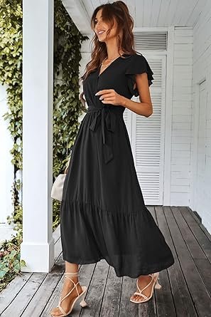 71OdavPNP4L._AC_SY445_.jpg Women Dress Wrap Short Sleeve V Neck Ruffle ALine Flowy Wedding Guest Long Dresses
