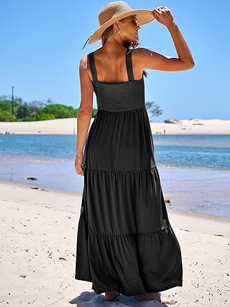 71co2U3QUgL._AC_SY445_.jpg Women Casual Long Maxi Beach Vacation Dresses Sleeveless Square Neck Flowy Tiered Sun Dress with Pockets