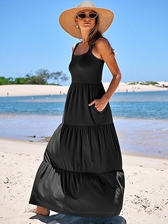 71fLtC0B1YL._AC_SY445_.jpg Women Casual Long Maxi Beach Vacation Dresses Sleeveless Square Neck Flowy Tiered Sun Dress with Pockets