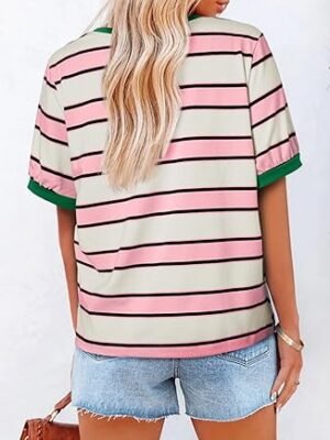 71fiKGO6evL._AC_SY445_.jpg Womens Tops Striped Color Block Short Sleeve TShirts Crewneck Casual Loose Basic Tee Blouses