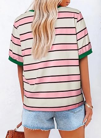 Womens Tops Striped Color Block Short Sleeve TShirts Crewneck Casual Loose Basic Tee Blouses