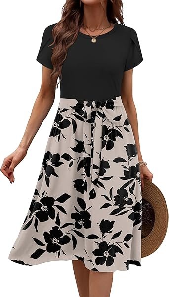 Womens Short Sleeve Dress with Pockets 2025 Casual Floral TShirt Dress Flowy Beach Sundress