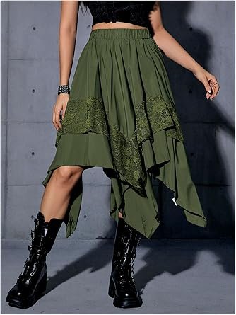 Women Renaissance Flowy Fairy Skirt Y2k Contrast Lace Layered Asymmetrical Midi Skirts