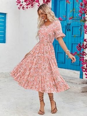 81ci9mI7uhL._AC_SX342_.jpg Women Casual Dress Floral V Neck Ruffle Short Sleeve Flowy Beach Dress with Pockets