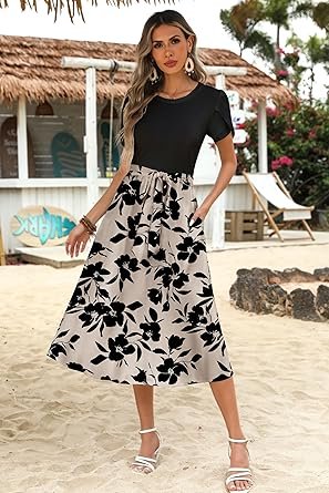 Womens Short Sleeve Dress with Pockets 2025 Casual Floral TShirt Dress Flowy Beach Sundress