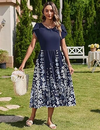 Women Dress Short Sleeve Casual Flowy Tiered Beach Long Sundress with Pockets 2025 Vacation Travel